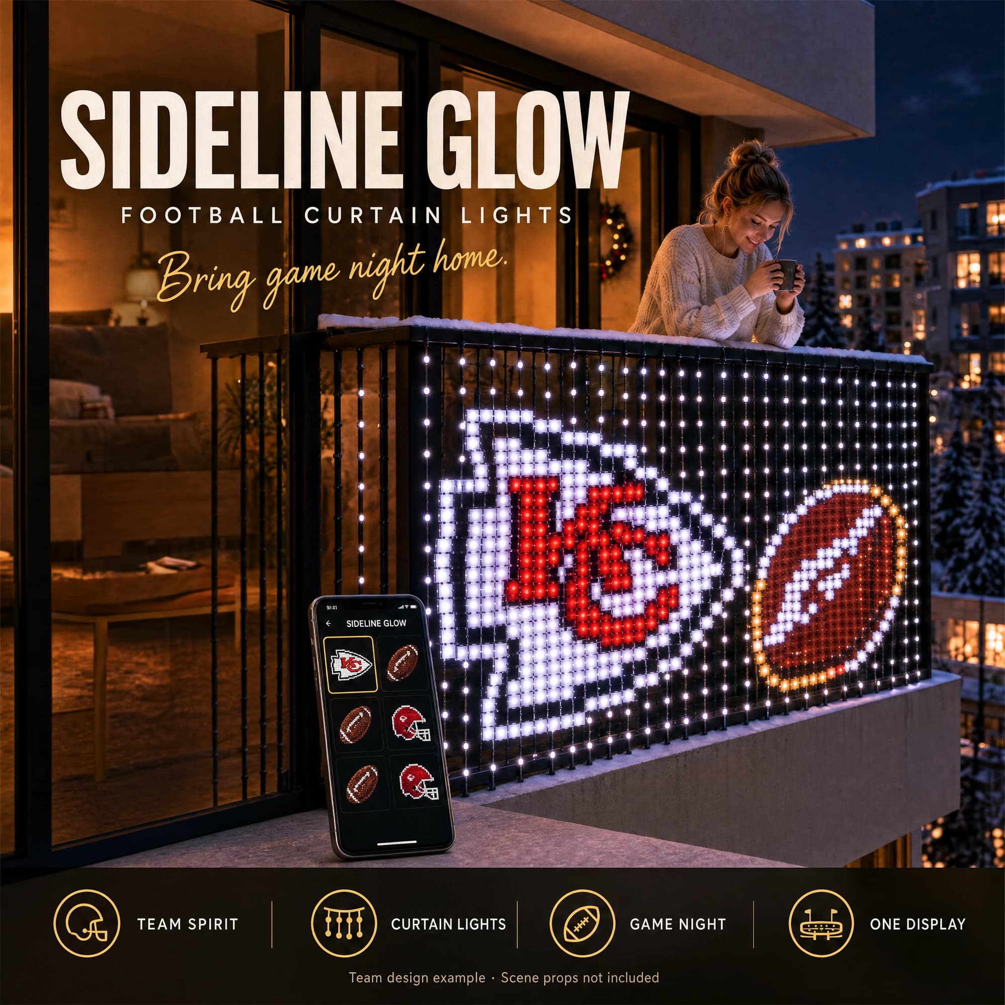 Football curtain lights hanging from a balcony railing
